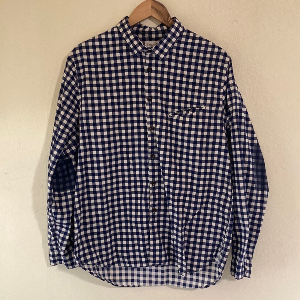 Folk gingham blue casual button down. Size 5.